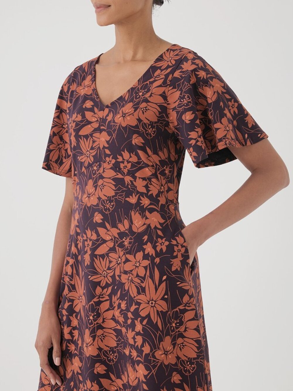 Pact Organic Fit & Flare Easy Dress Large Plum Botanical - Picture 4 of 8